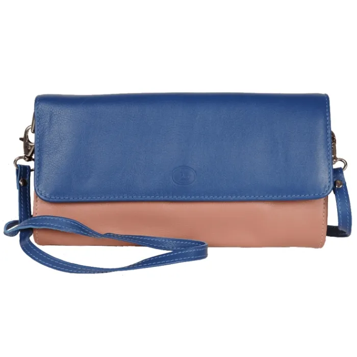 Frandi Pochette en cuir bleu dur et beige ->Femme Pochette Cuir