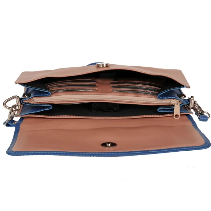 Frandi Pochette en cuir bleu dur et beige ->Femme Pochette Cuir